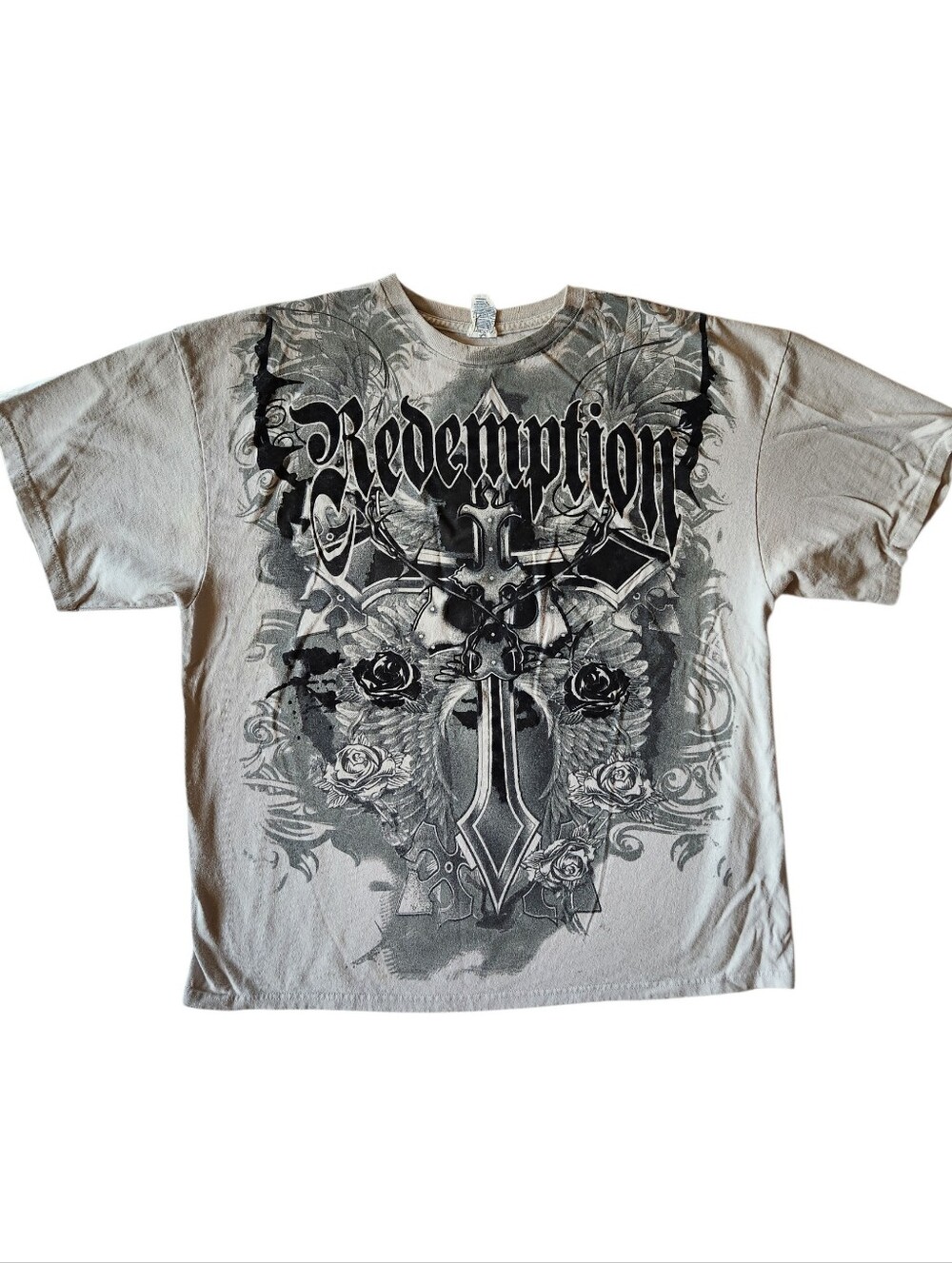 Y2K 2000s Grunge Cyber Cross Rose Redemption T-shirt Sz 2XL
